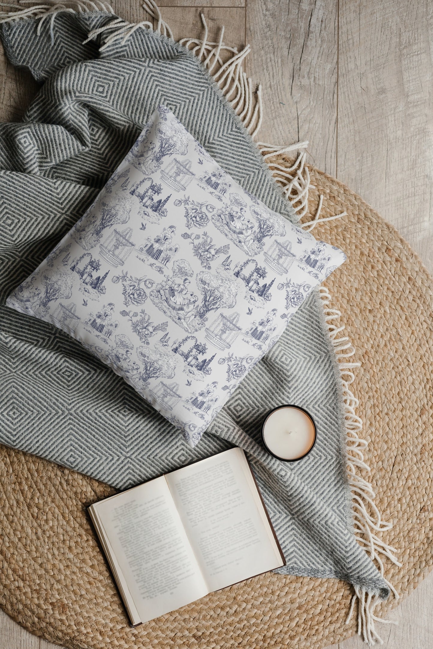 Toile de Jouy Outdoor Pillows Light Grey Blue
