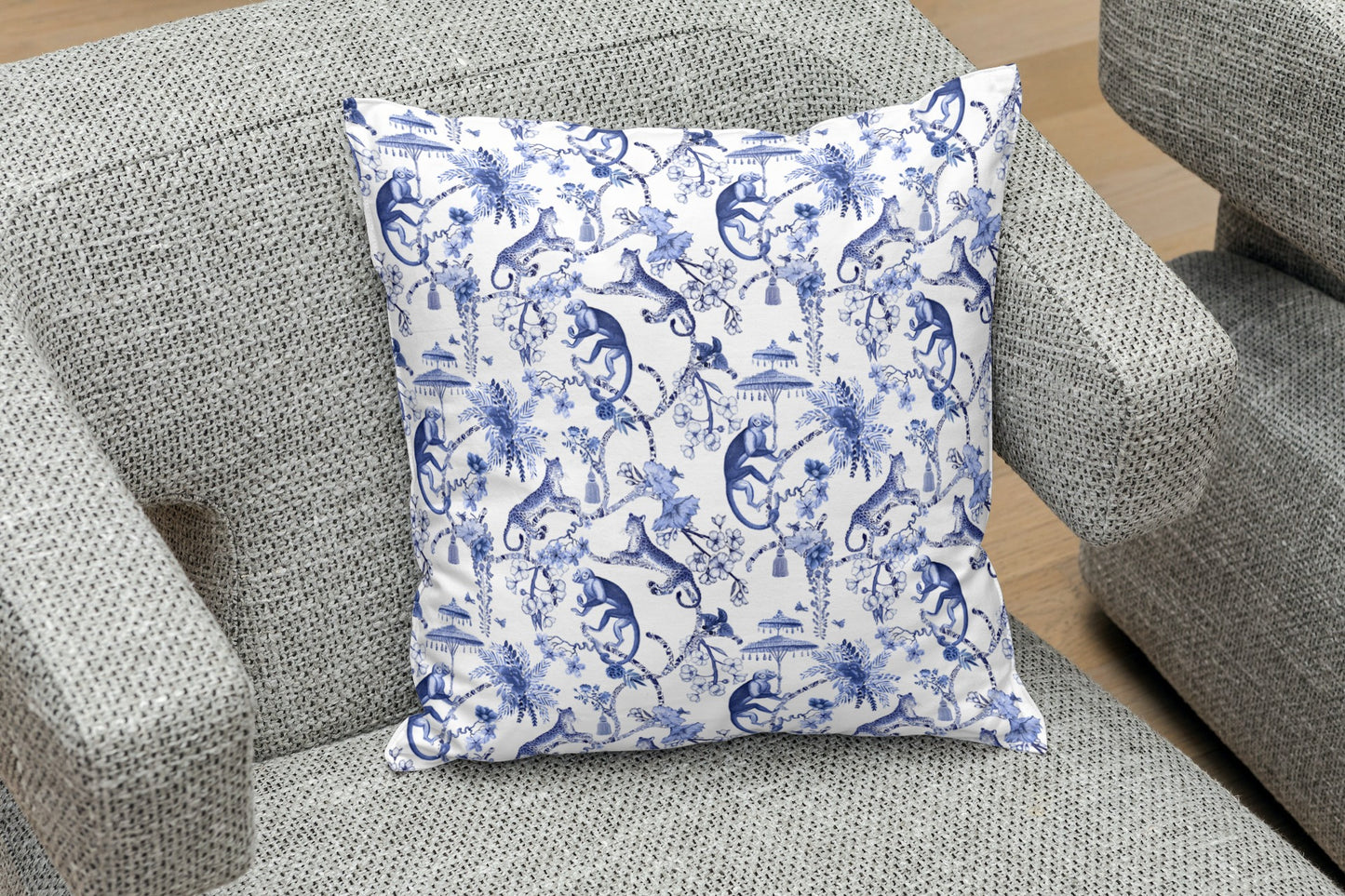 Monkey Jungle Outdoor Pillows Chinoiserie Blue Toile