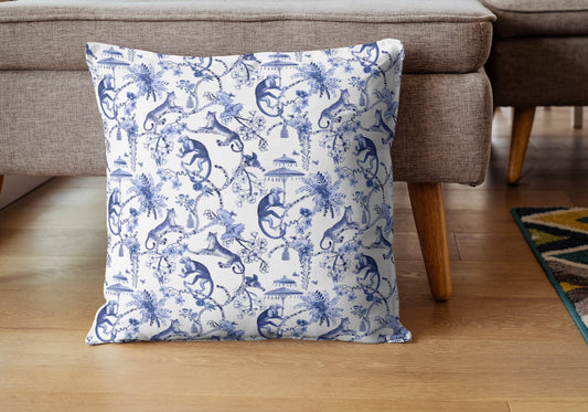 Monkey Jungle Outdoor Pillows Chinoiserie Blue Toile