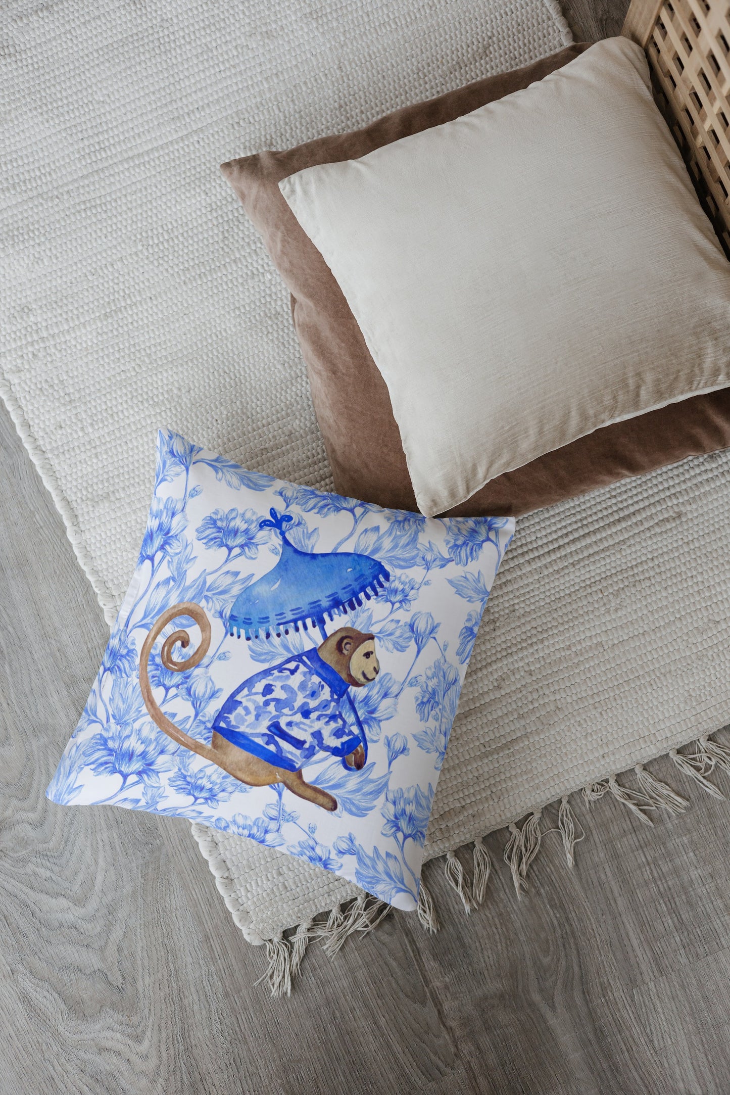 Belvedere II Outdoor Pillows Chinoiserie Monkey Palm Blue