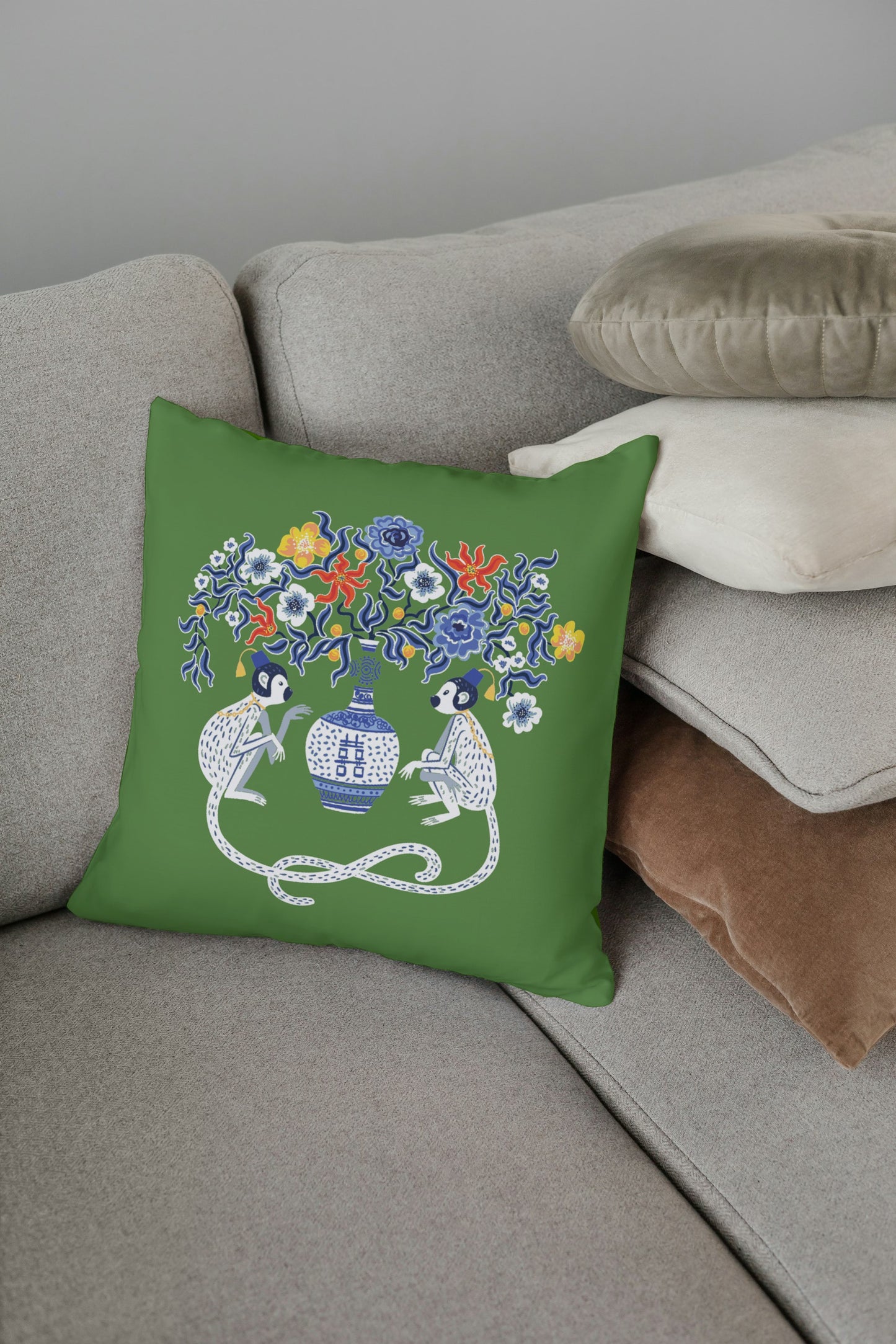 Batur Outdoor Pillows Chinoiserie Green Chinese Monkey