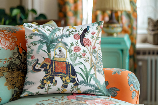 Jaipur Outdoor Pillows Chinoiserie White Monkey Elephant