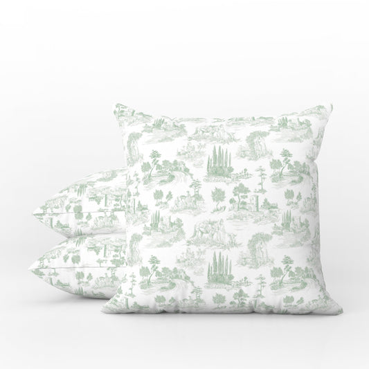 French Toile Outdoor Pillows Chinoiserie Soft Sage Green