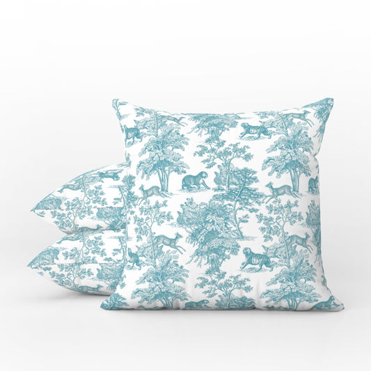 Tiger Forest Outdoor Pillows Chinoiserie Aqua Mint Toile