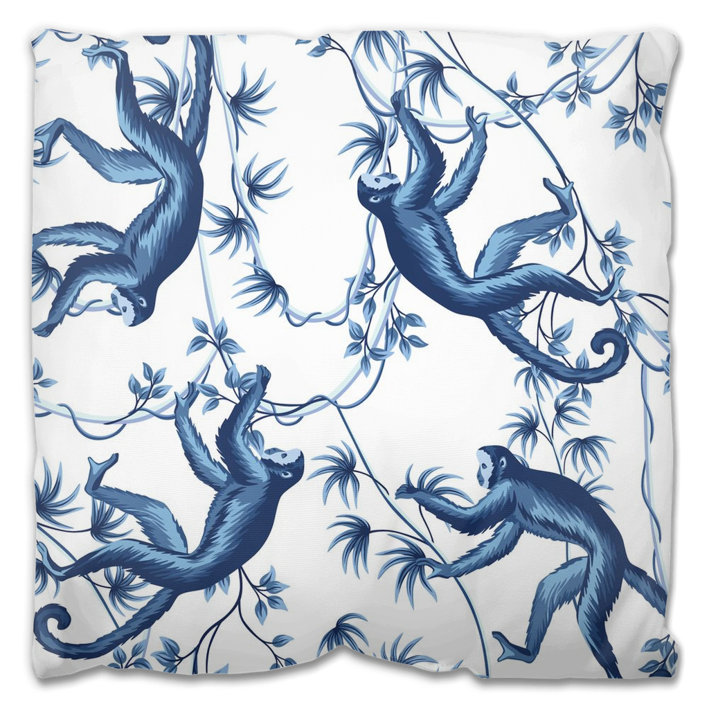 Chinoiserie Outdoor Pillows Blue & White Monkey Tree