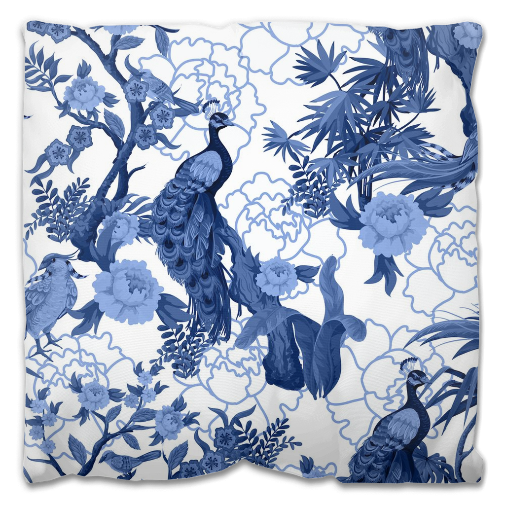 Peacock Peony Outdoor Pillows Chinoiserie Blue & White