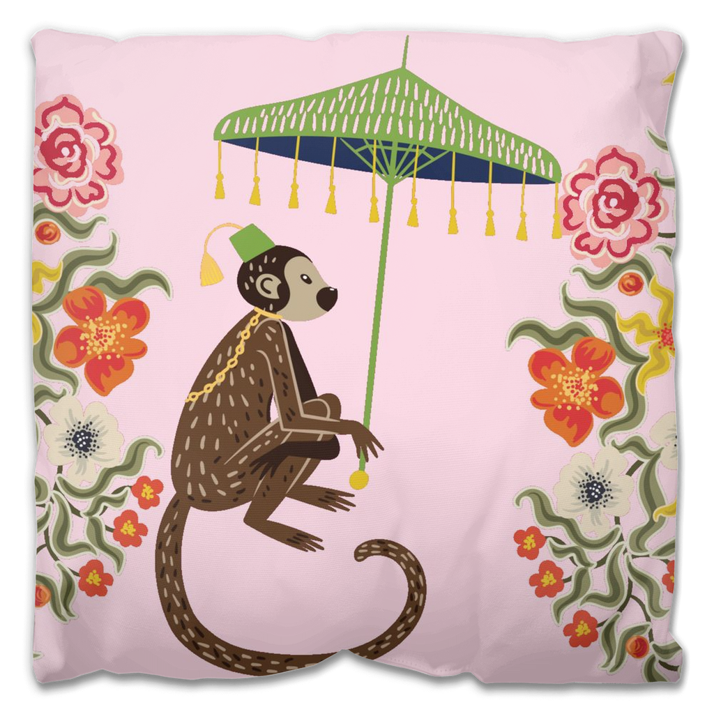 Kuta Outdoor Pillows Hot Pink Chinoiserie Monkey Umbrella – Tarragonia