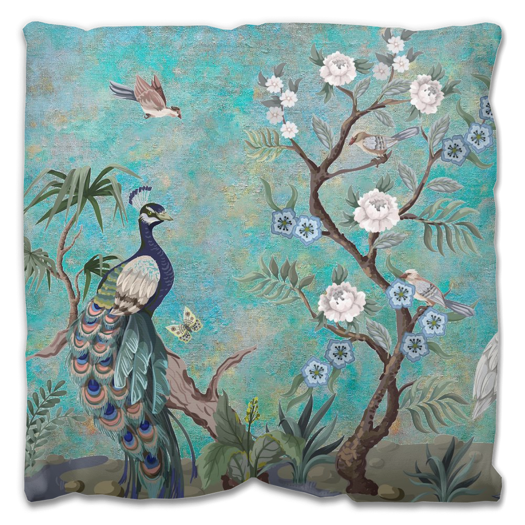 Chinoiserie Outdoor Pillows Turquoise Peacock