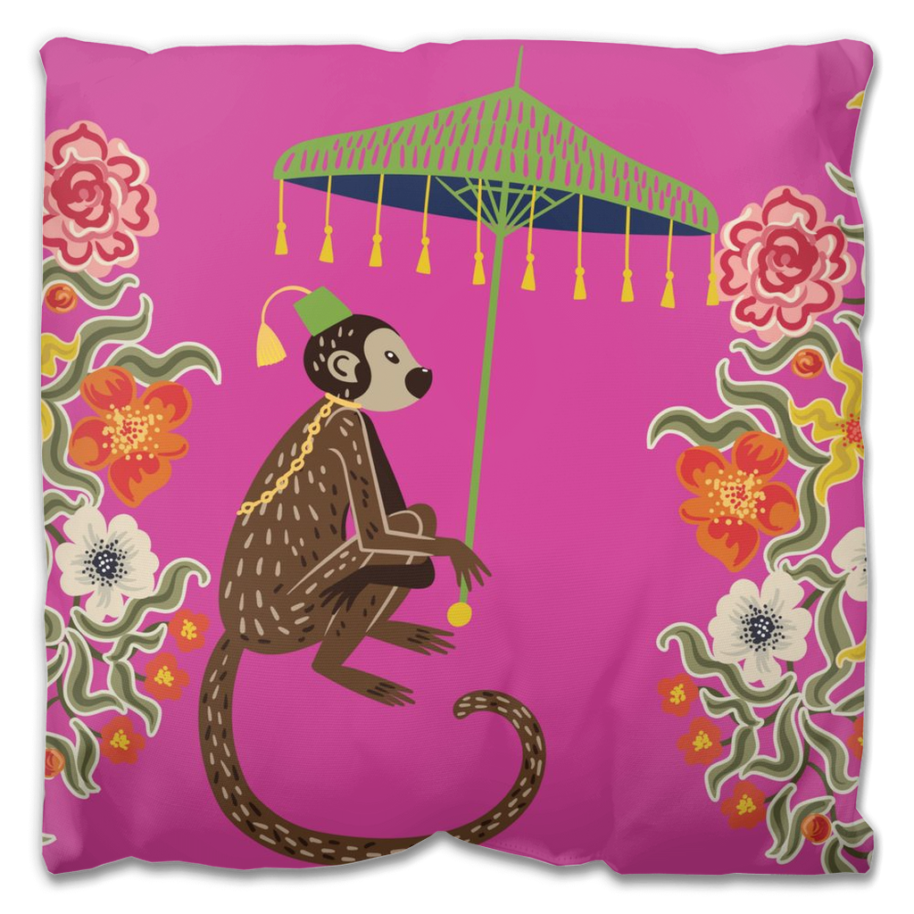 Kuta Outdoor Pillows Hot Pink Chinoiserie Monkey Umbrella – Tarragonia