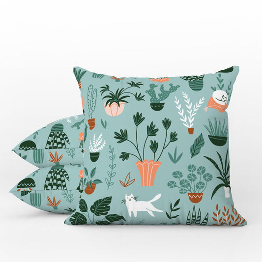 Hygge Plants & Cats Outdoor Pillows Pastel Green