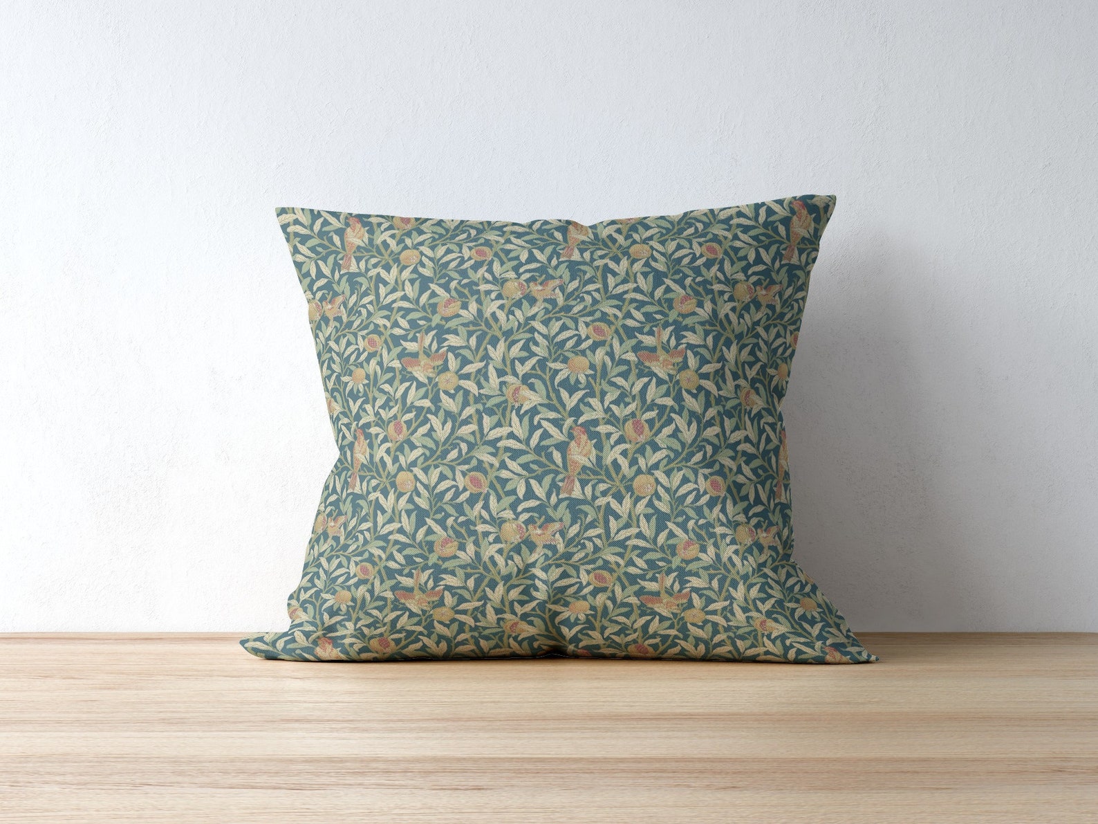 Bird and Pomegranate Cotton Throw Pillows William Morris Blue Mint Tarragonia