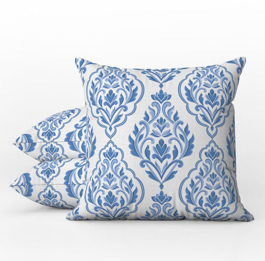 Taormina Outdoor Pillows Arabesque Damask Blue & White