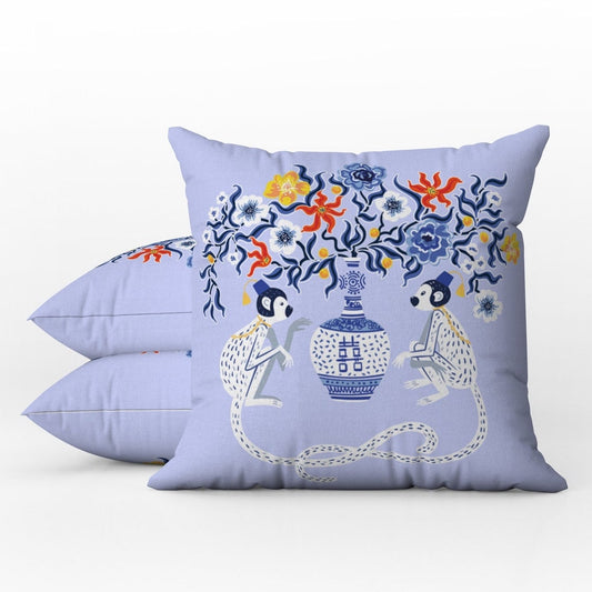 Batur Outdoor Pillows Chinoiserie Blue Chinese Monkey Floral