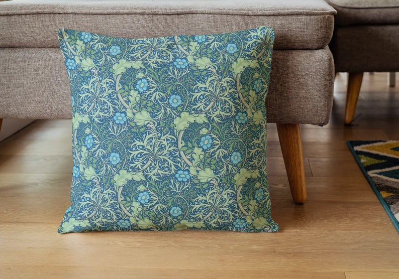 Seaweed Outdoor Pillows William Morris Cobalt Thyme Tarragonia