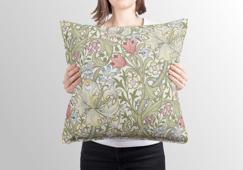 Golden Lily Cotton Pillow William Morris Green & Red