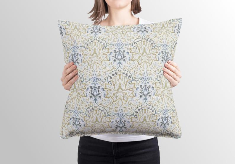 Antibes Outdoor Pillows William Morris Artichoke Soft Gold Cream Blue