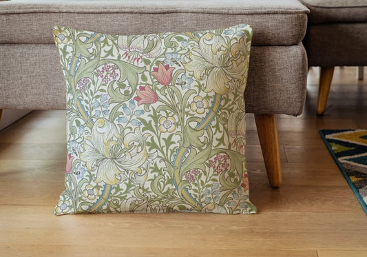 Golden Lily Cotton Pillow William Morris Green & Red