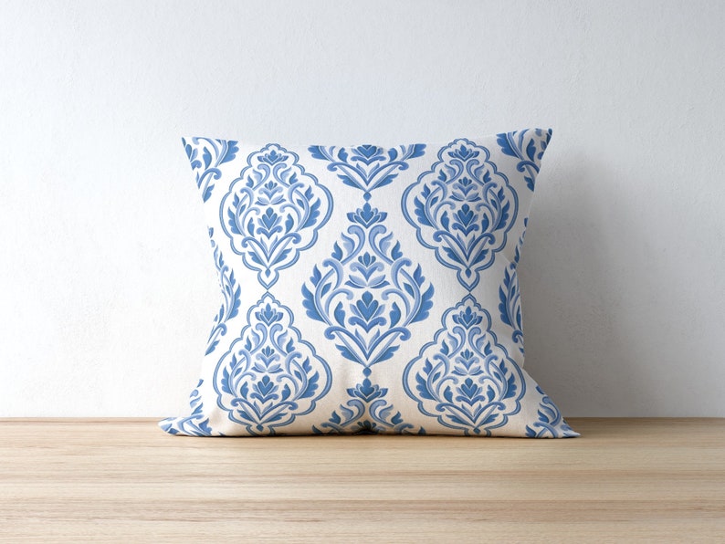 Taormina Outdoor Pillows Arabesque Damask Blue White