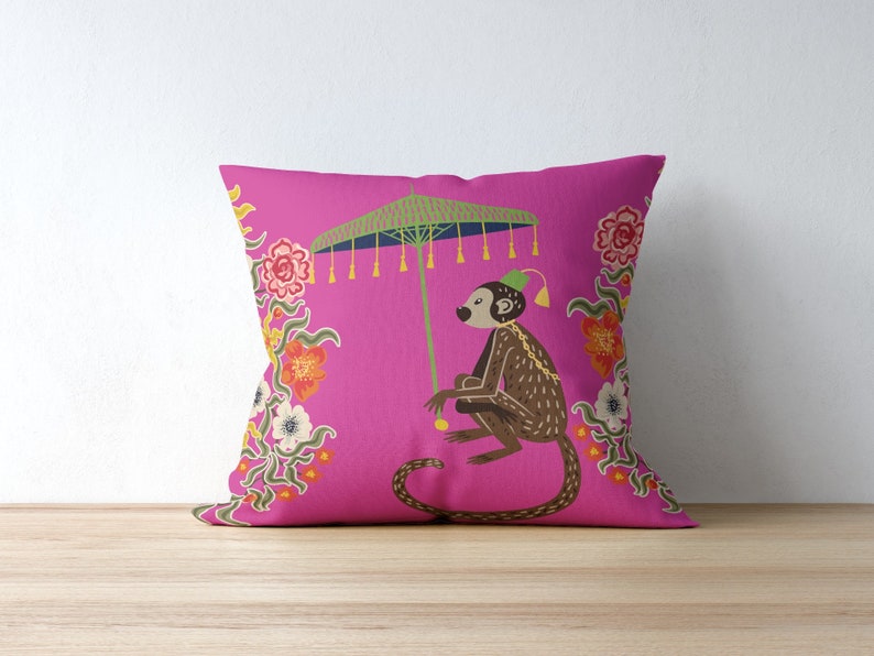 Kuta Outdoor Pillows Pink Chinoiserie Monkey Umbrella