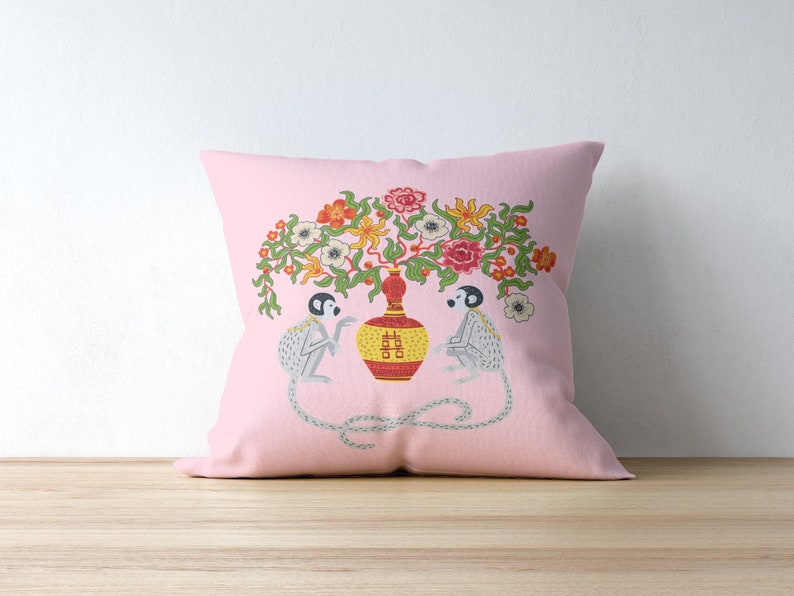 Ubud Outdoor Pillows Baby Pink Chinoiserie Monkey Floral