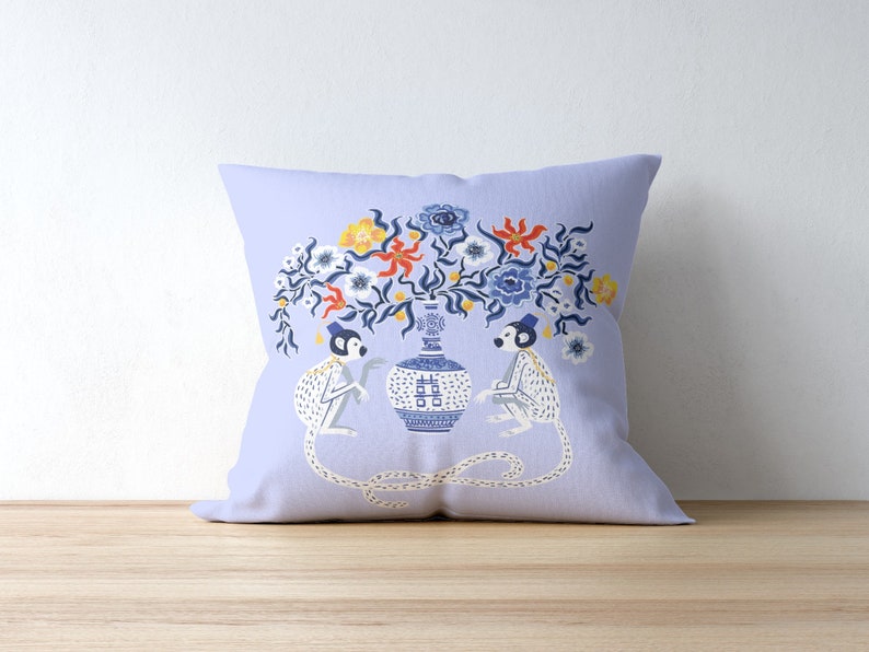 Batur Outdoor Pillows Chinoiserie Blue Chinese Monkey Floral