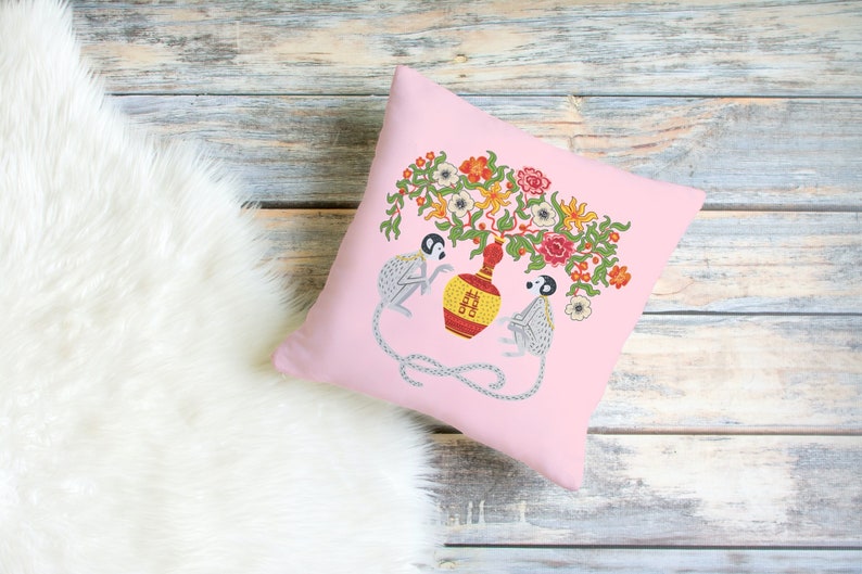 Ubud Outdoor Pillows Baby Pink Chinoiserie Monkey Floral