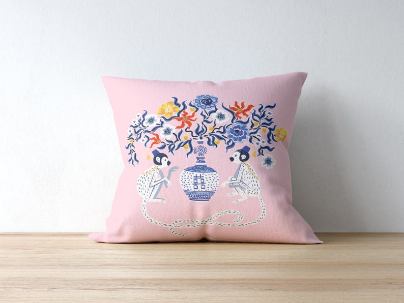Batur Outdoor Pillows Baby Pink Chinoiserie Monkey Floral
