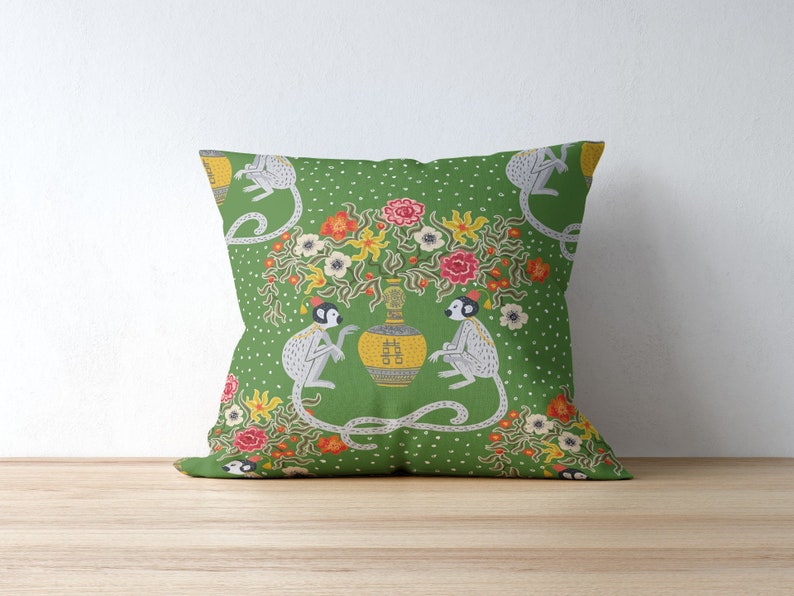 Lombok Outdoor Pillows Chinoiserie Green Chinese Monkey