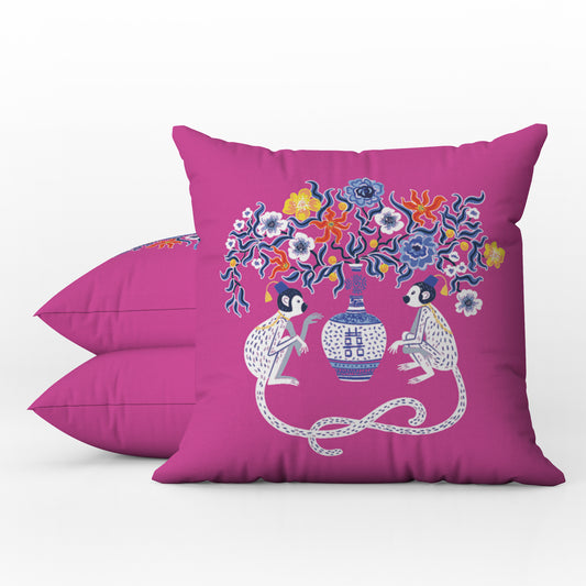 Batur Outdoor Pillows Hot Pink Chinoiserie Monkey