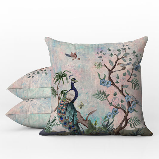 Chinoiserie Outdoor Pillows Pink & Blue Peacock Fresco