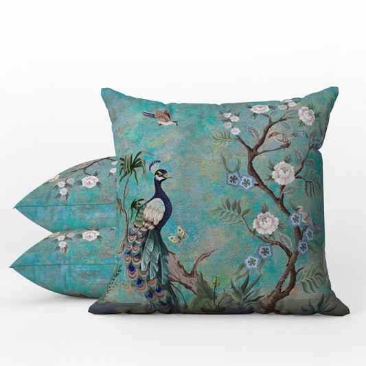 Chinoiserie Outdoor Pillows Turquoise Peacock