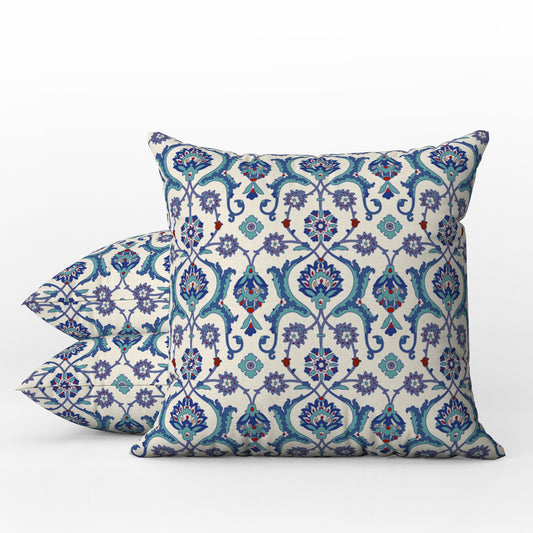 Antalya Ottoman Outdoor Pillows Violet Blue Red & Ivory