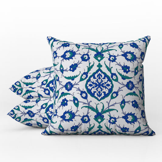 Sofia Ottoman Outdoor Pillows Cobalt Blue Green & White