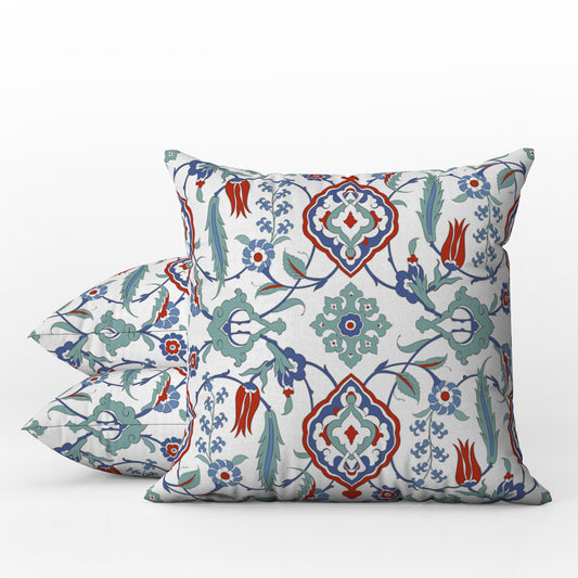 Sara Ottoman Outdoor Pillows Sage Blue Red & White
