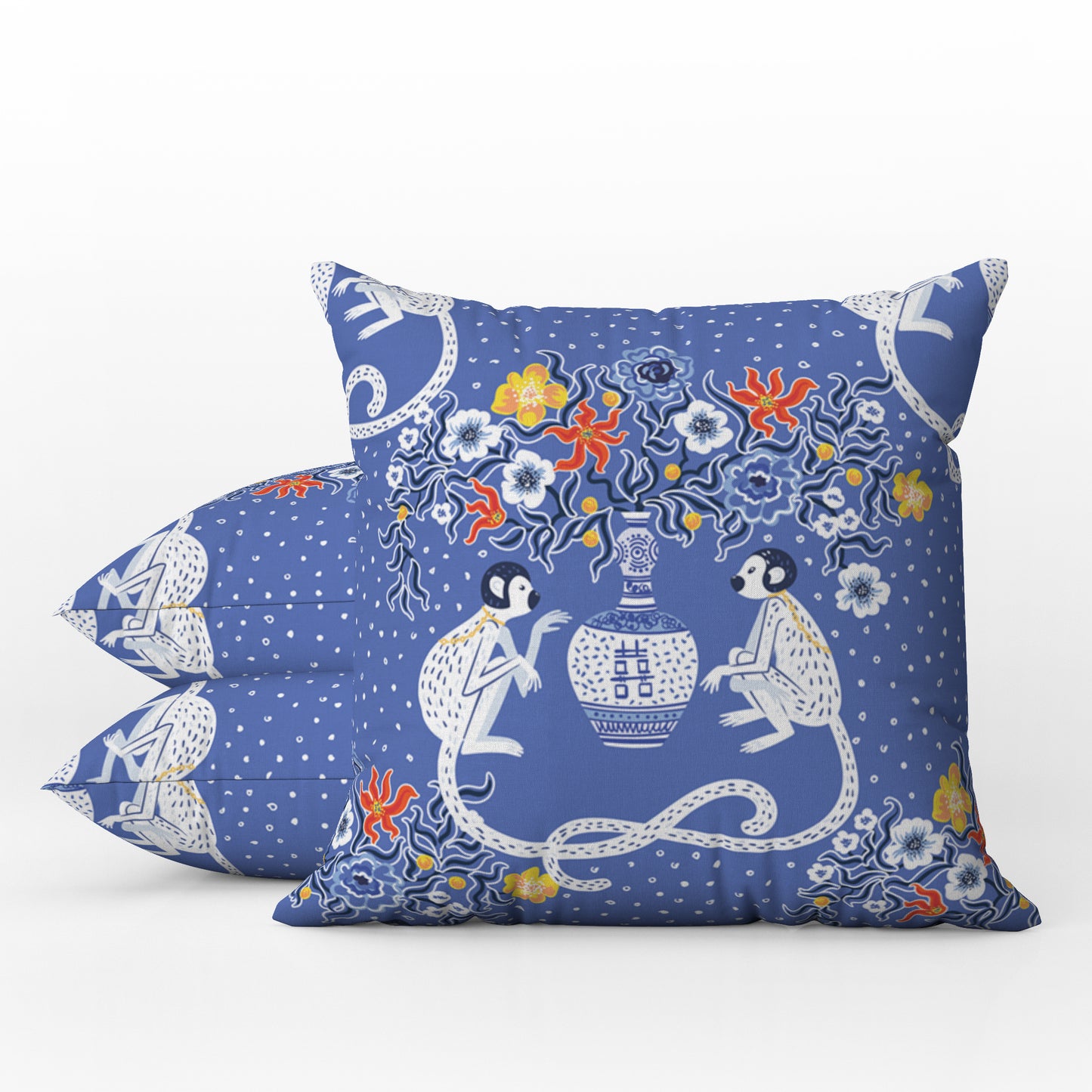 Lombok Outdoor Pillows Chinoiserie Blue Chinese Monkey