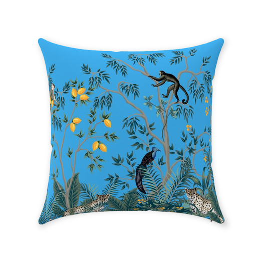 Chinoiserie Jungle Cotton Pillows Blue Monkeys