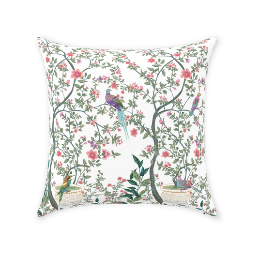 Chinoiserie Bird Garden Cotton Pillows White Pink