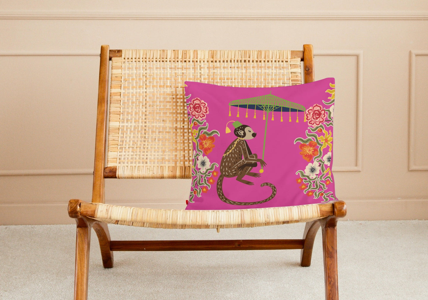 Kuta Outdoor Pillows Hot Pink Chinoiserie Monkey Umbrella – Tarragonia