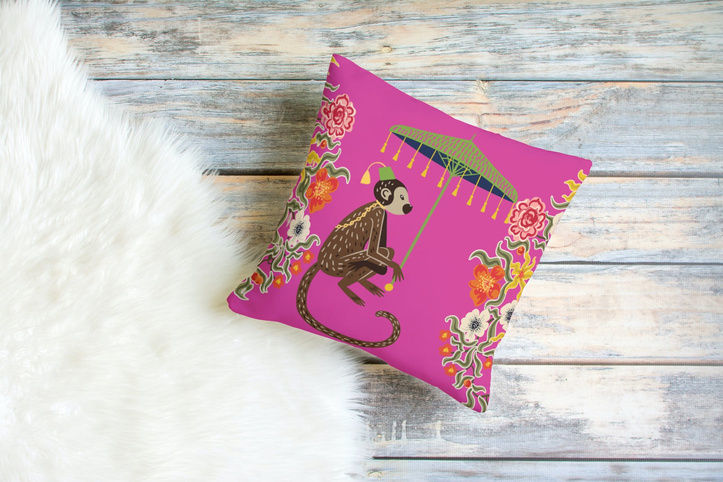 Kuta Outdoor Pillows Hot Pink Chinoiserie Monkey Umbrella