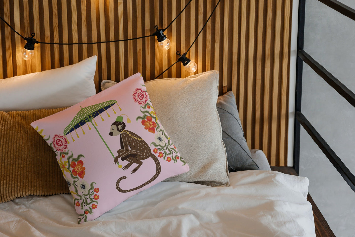 Kuta Outdoor Pillows Baby Pink Chinoiserie Monkey Umbrella