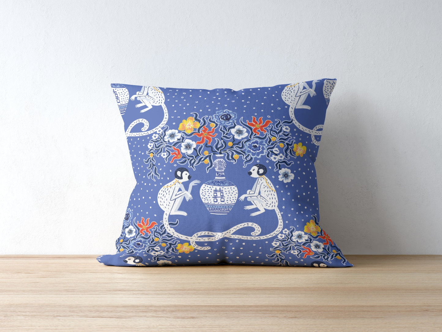 Lombok Outdoor Pillows Chinoiserie Blue Chinese Monkey