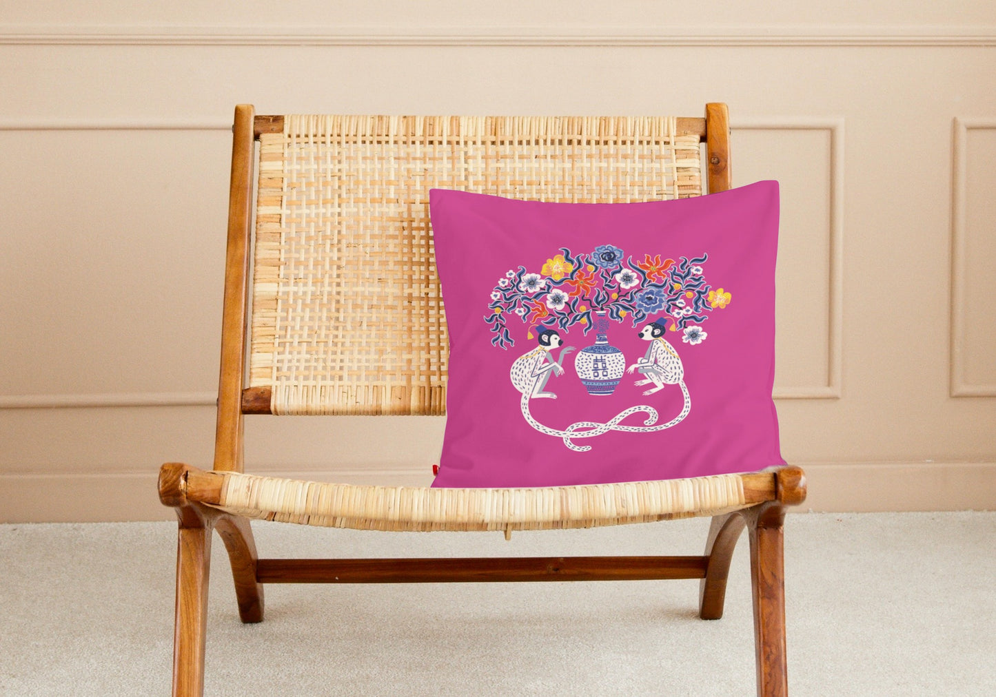 Batur Outdoor Pillows Hot Pink Chinoiserie Monkey