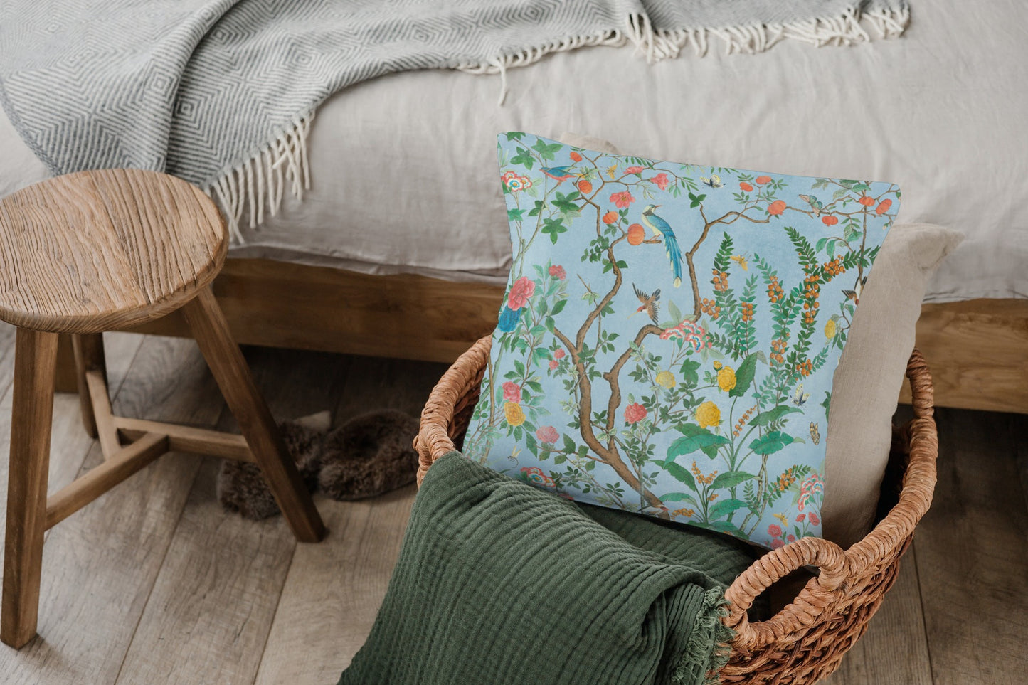 Livia II Cotton Throw Pillows Blue Chinoiserie Fresco Garden