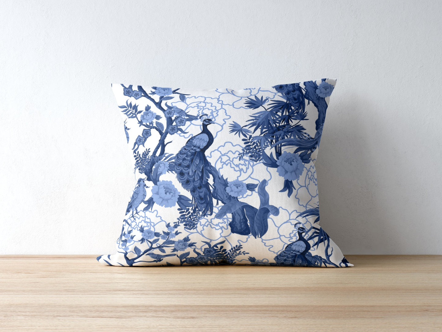 Peacock Peony Outdoor Pillows Chinoiserie Blue & White