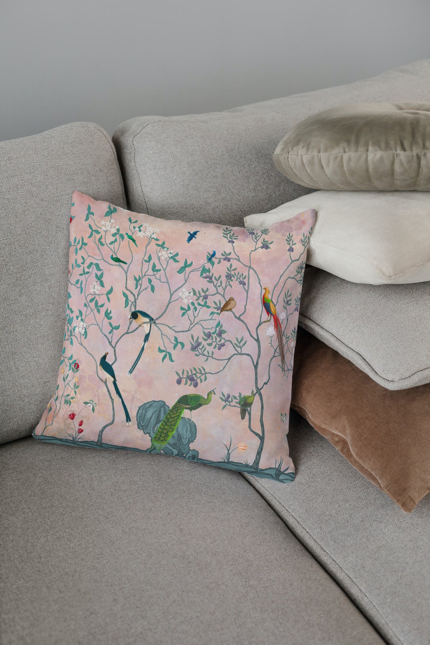 Chinoiserie Peacock Cotton Pillows Pink Blush