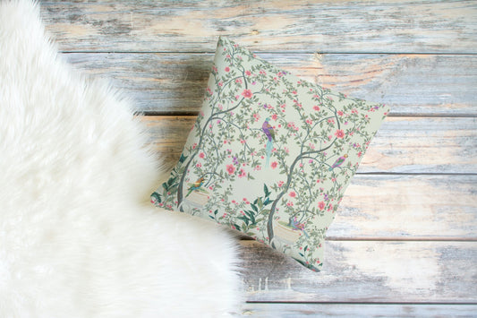 Chinoiserie Bird Garden Cotton Pillows Mint Green