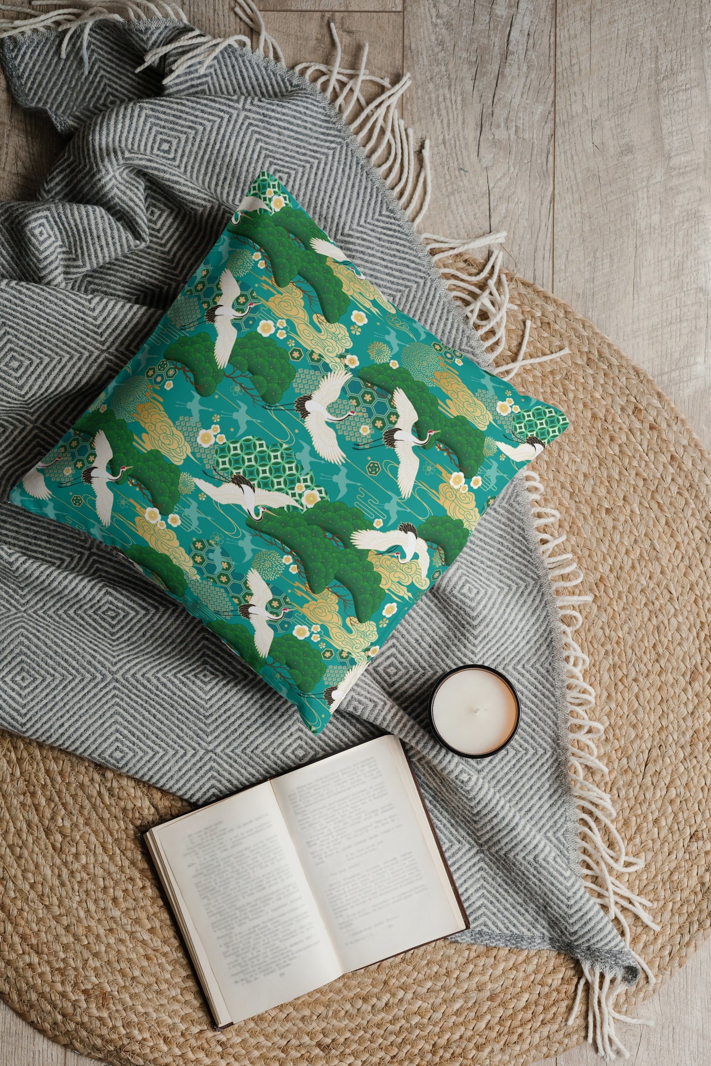 Japanese Cotton Pillows Turquoise Herons