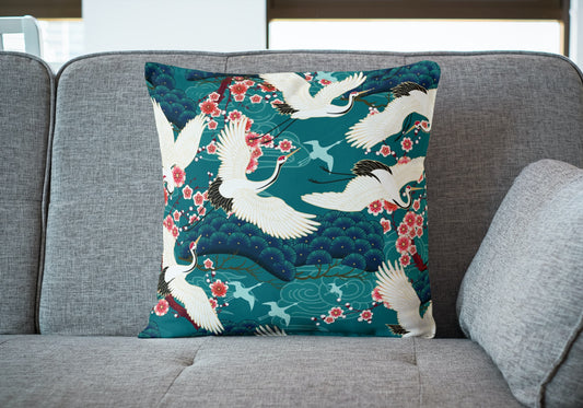 Japanese Cotton Pillows Teal Blossom Cranes
