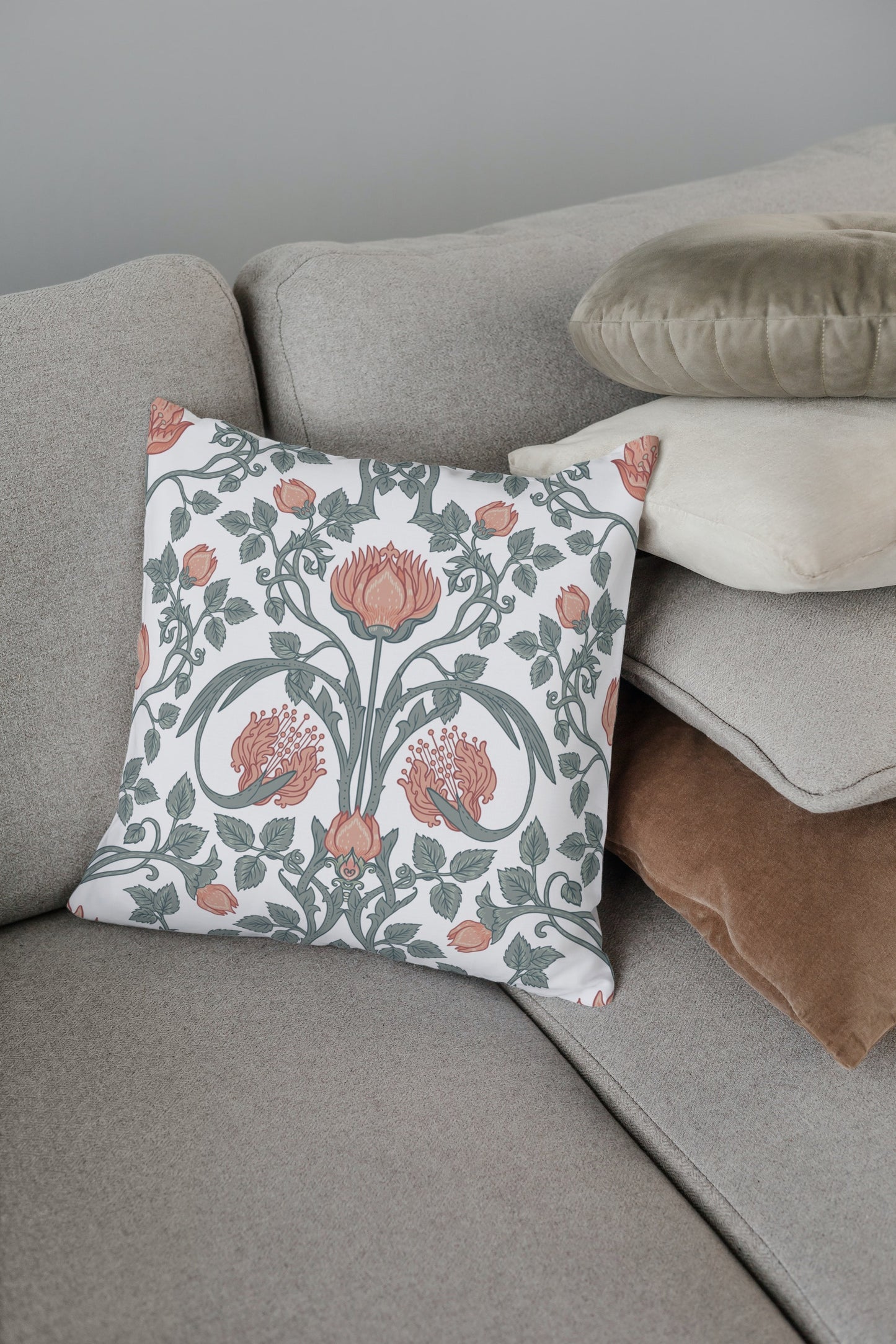 William Morris Cotton Pillows Sage Peach Art Nouveau