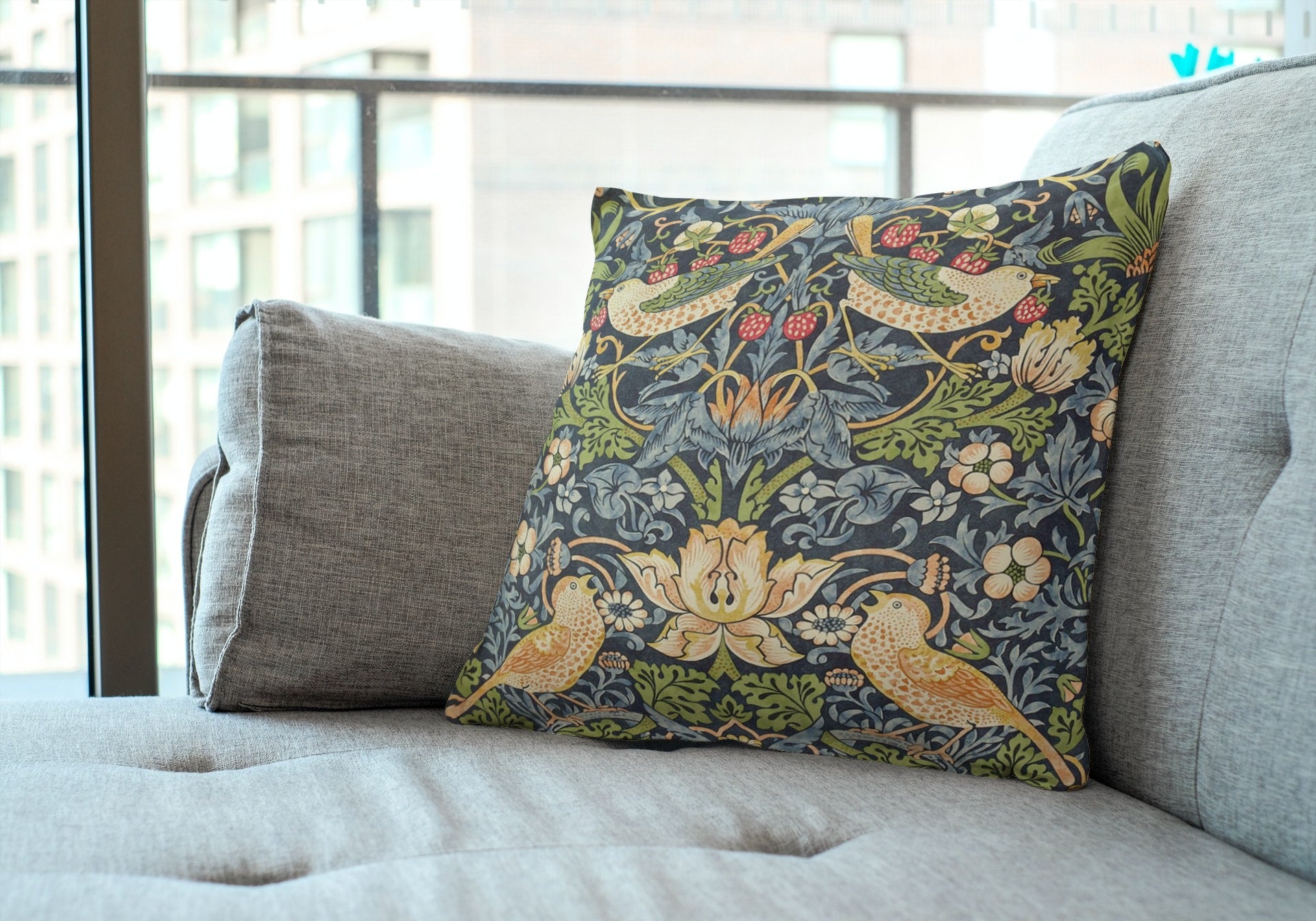 Strawberry Thief (A) Black Belgian Tapestry Cushion Pillow Strawberry Thief (A) Black Belgian Tapestry Cushion Pillow